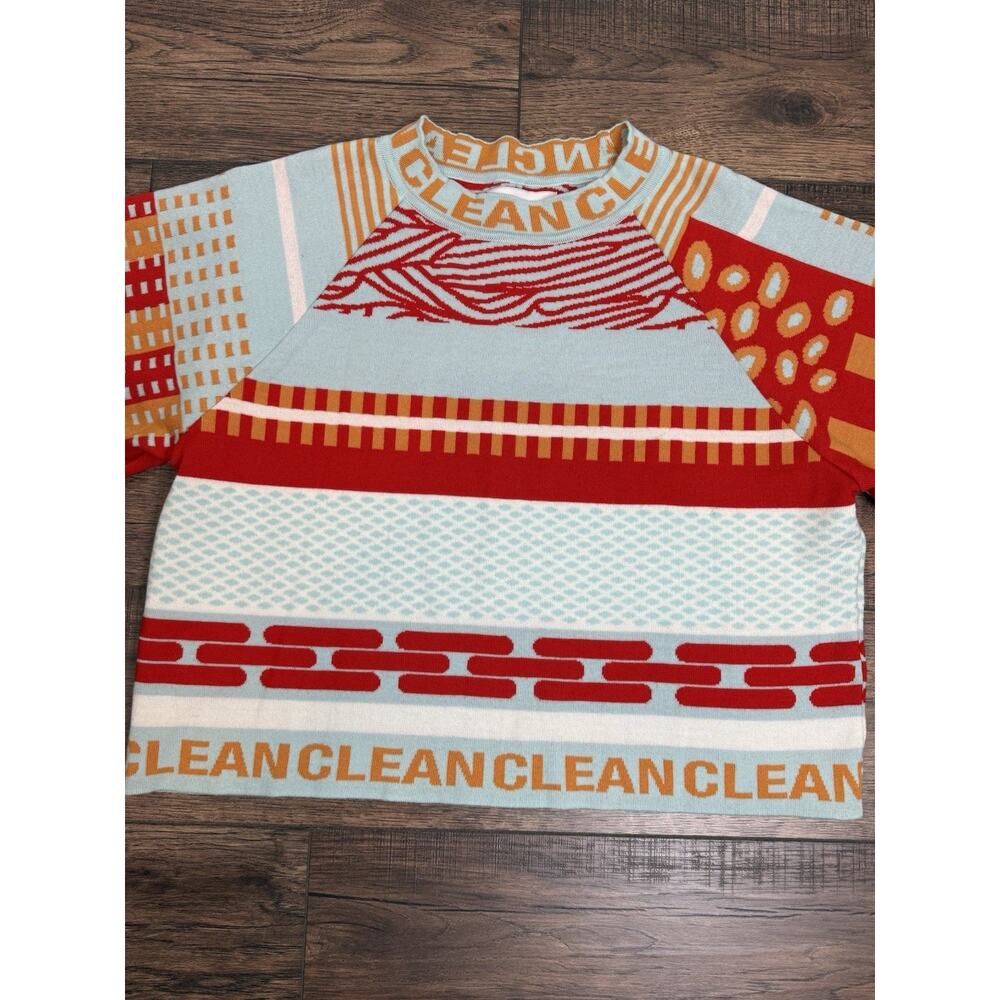Henrik Vibskov Clean Sweater 100% Wool Mint Orange Graphic Print Sz Large - Picture 2 of 7